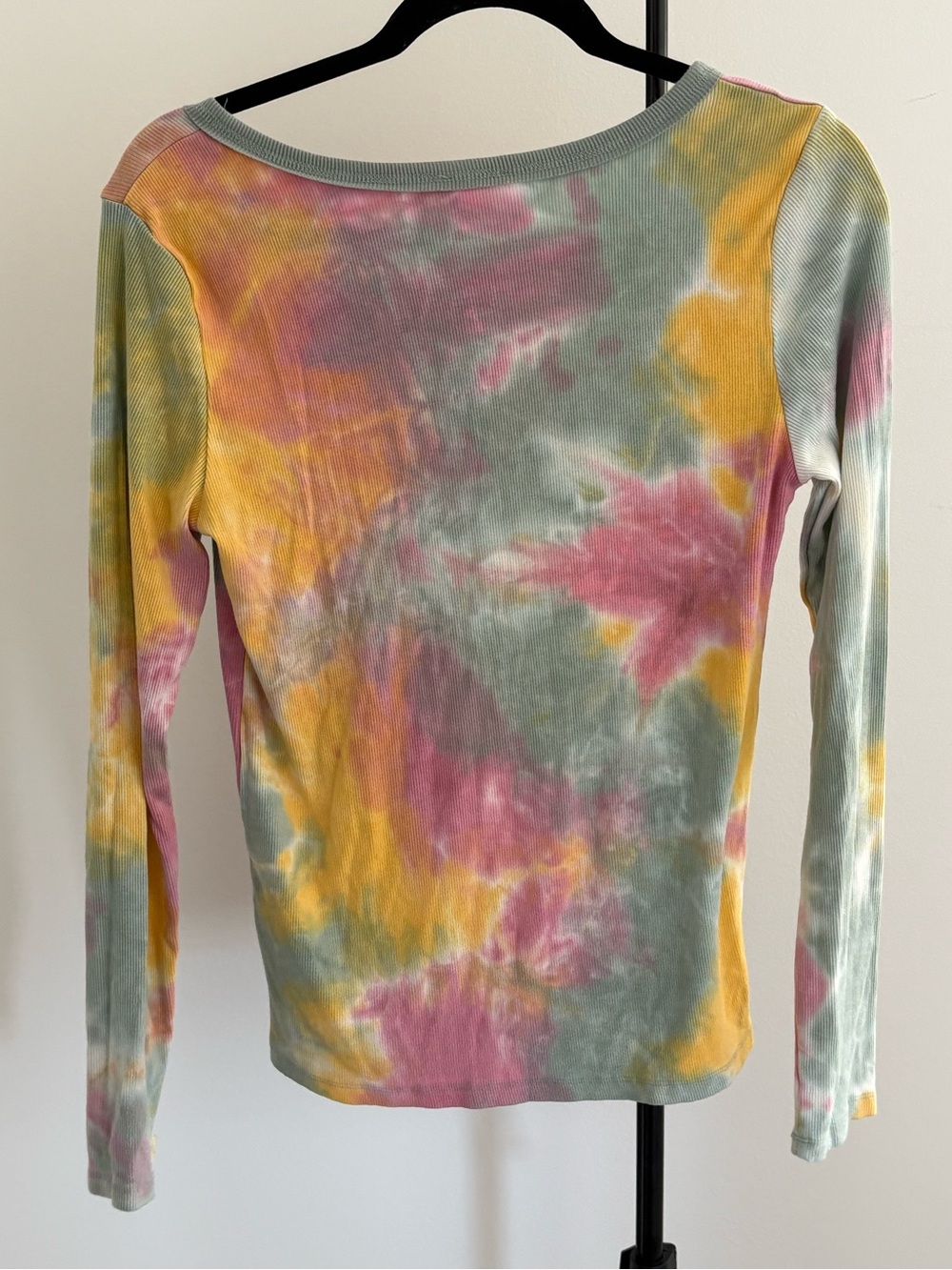 Hem & Thread Long Sleeve Ribbed Tie-Dye Top in Pink, Yellow & Sage